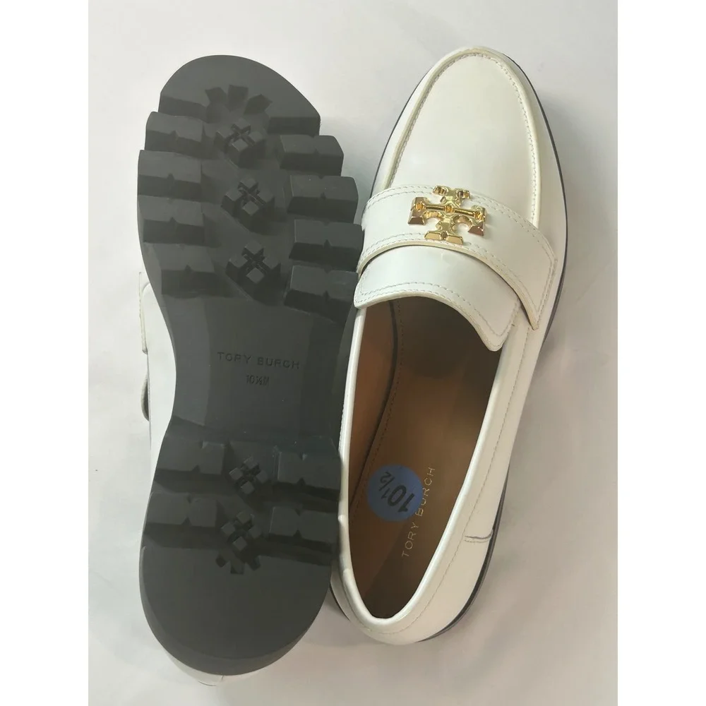 Tory Burch Lug Sole Loafers Women 10.5 White Gold Logo Leather Lug Sole 82845